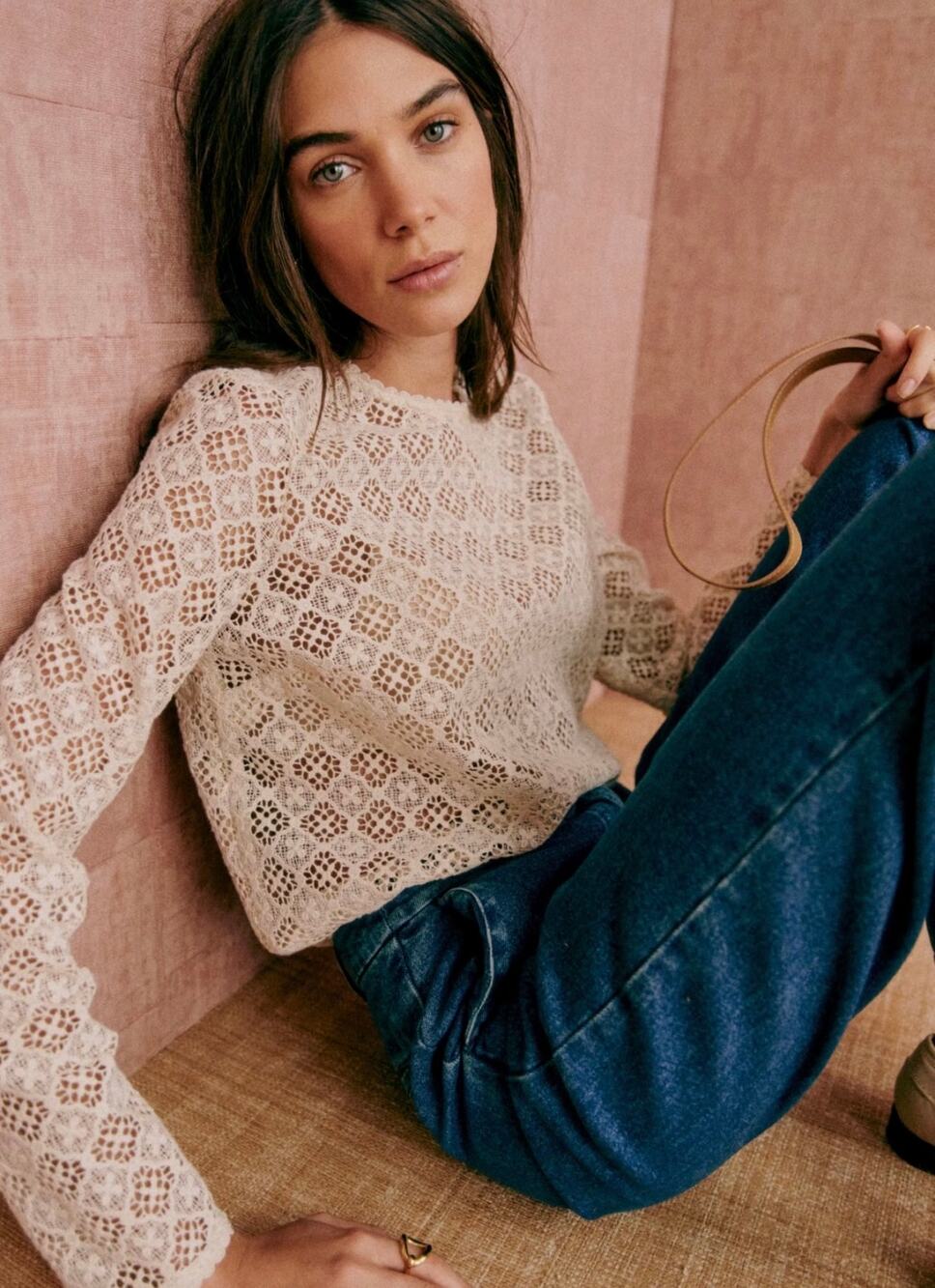 Sezane Lova Long Sleeve Cotton Guipure Lace French Casual Blouse Top Size 2 NWT